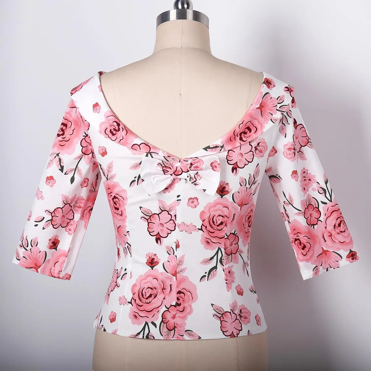 YARN & INK Women's 1950s Vintage Pinup Tops, Back Bow Tie Cute Rockabilly Elegant Shirt, Medium Sleeves Blouse