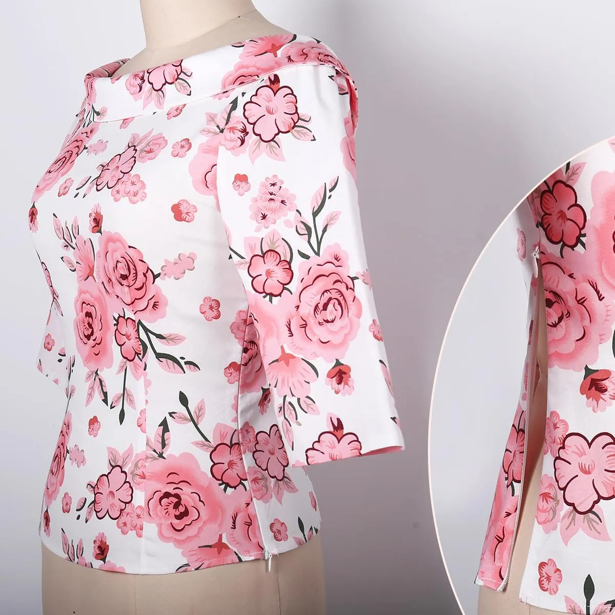 YARN & INK Women's 1950s Vintage Pinup Tops, Back Bow Tie Cute Rockabilly Elegant Shirt, Medium Sleeves Blouse