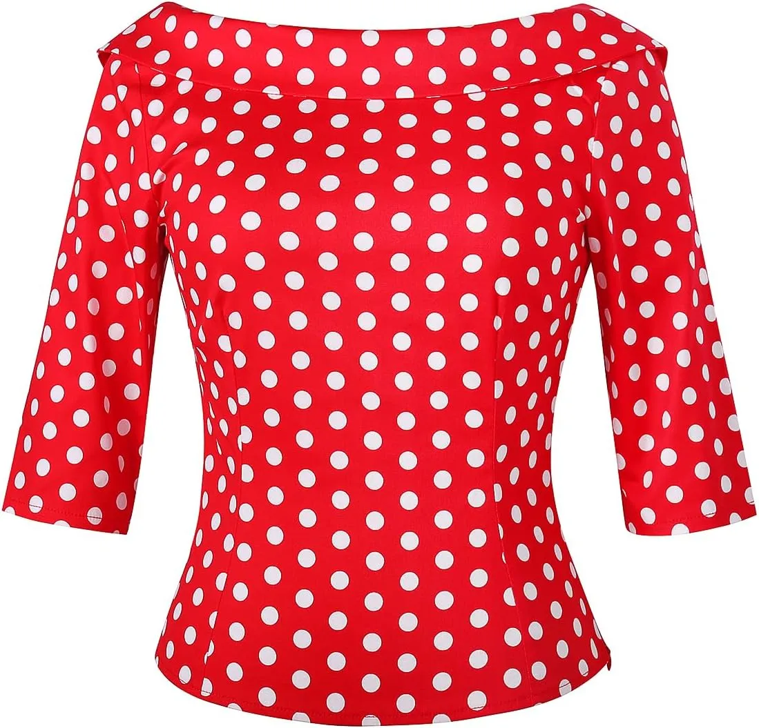 YARN & INK Women's 1950s Vintage Pinup Tops, Back Bow Tie Cute Rockabilly Elegant Shirt, Medium Sleeves Blouse
