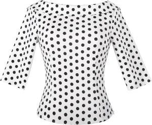 YARN & INK Women's 1950s Vintage Pinup Tops, Back Bow Tie Cute Rockabilly Elegant Shirt, Medium Sleeves Blouse