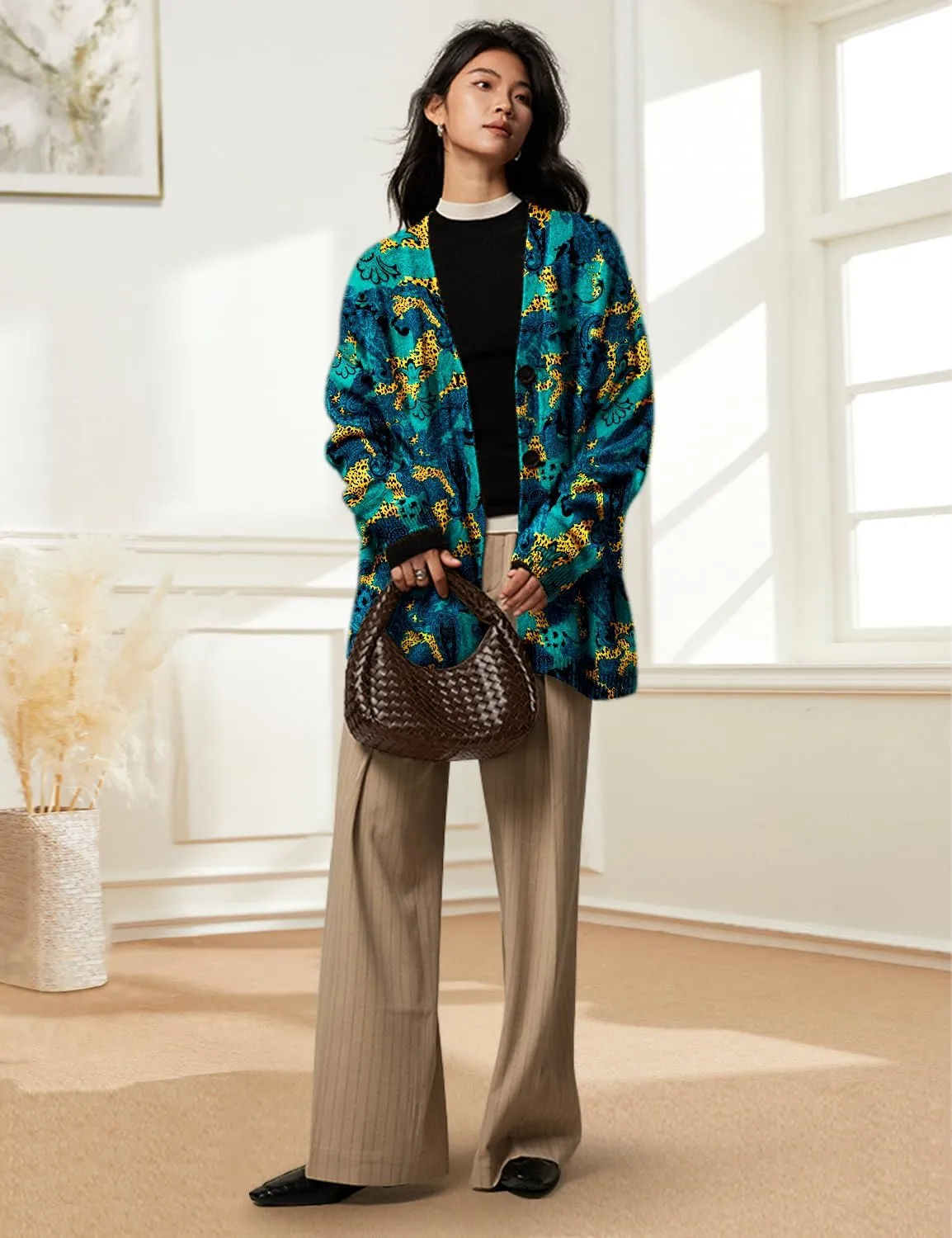 YESNO Women's Fall V-Neck Cardigan Sweaters Casual Graphic Oversized Open Front Button Down Long Sleeves Knit Tops SCV
