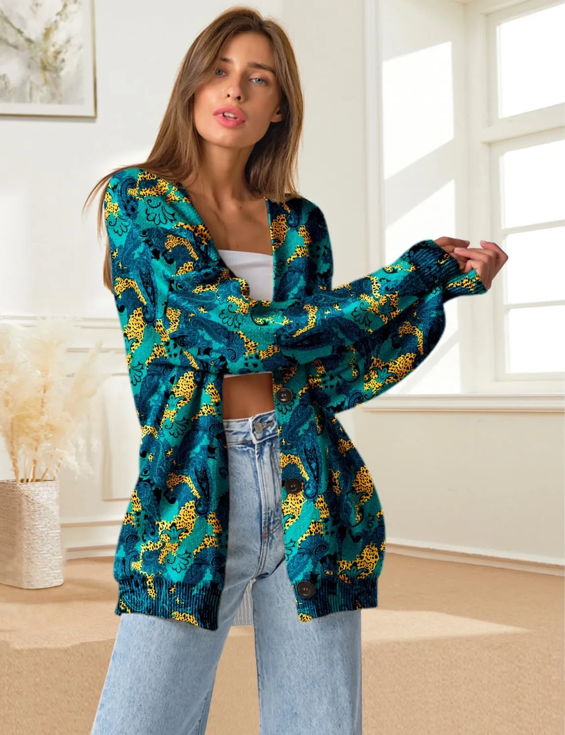 YESNO Women's Fall V-Neck Cardigan Sweaters Casual Graphic Oversized Open Front Button Down Long Sleeves Knit Tops SCV
