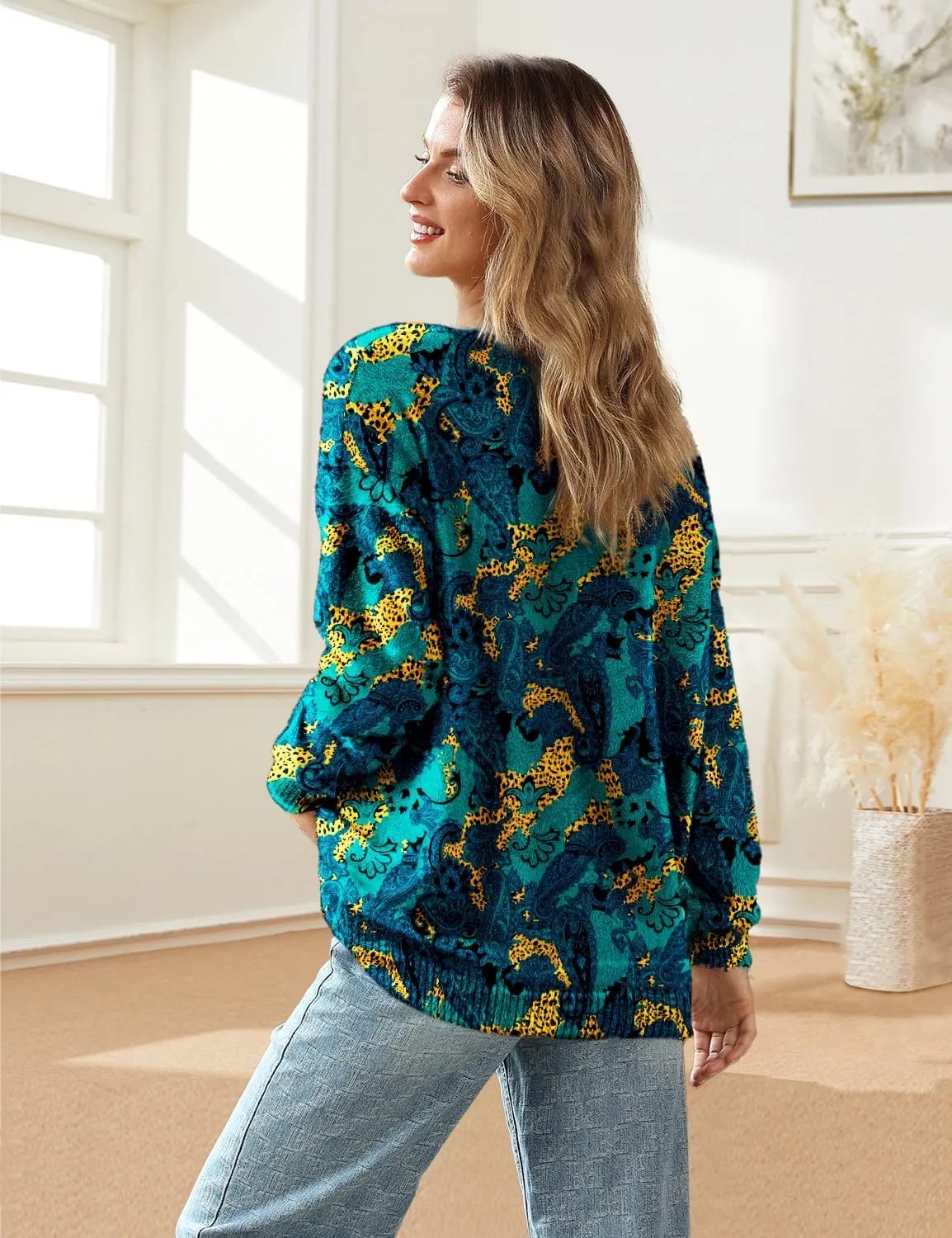 YESNO Women's Fall V-Neck Cardigan Sweaters Casual Graphic Oversized Open Front Button Down Long Sleeves Knit Tops SCV