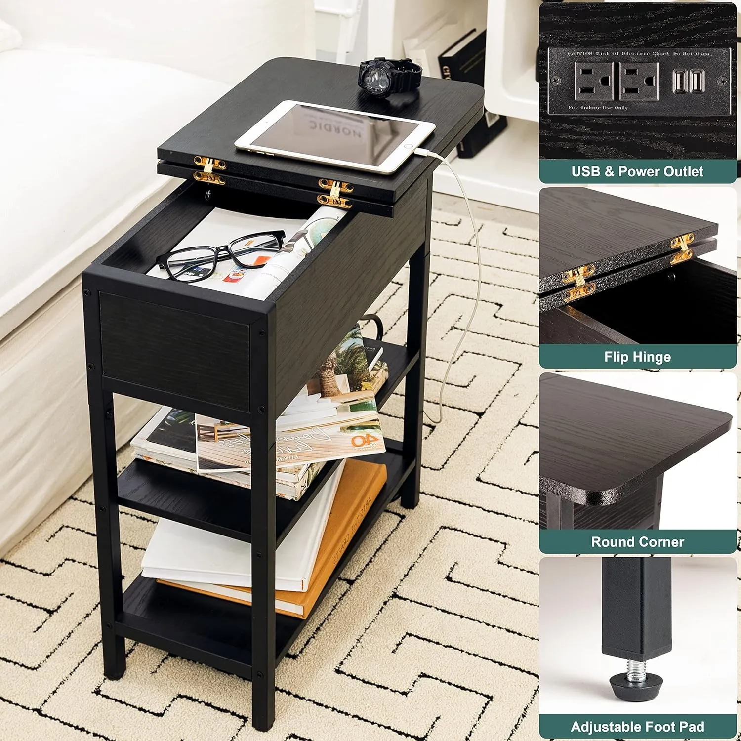 Yoobure End Table with Charging Station, Flip Top Side Table with USB Ports and Outlets, Sofa Couch Table Bedside Table for Living Room Bedroom, Narrow Nightstand with Storage Shelves for Small Space