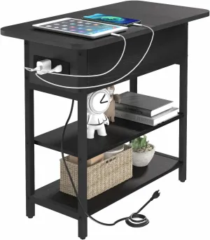 Yoobure End Table with Charging Station, Flip Top Side Table with USB Ports and Outlets, Sofa Couch Table Bedside Table for Living Room Bedroom, Narrow Nightstand with Storage Shelves for Small Space