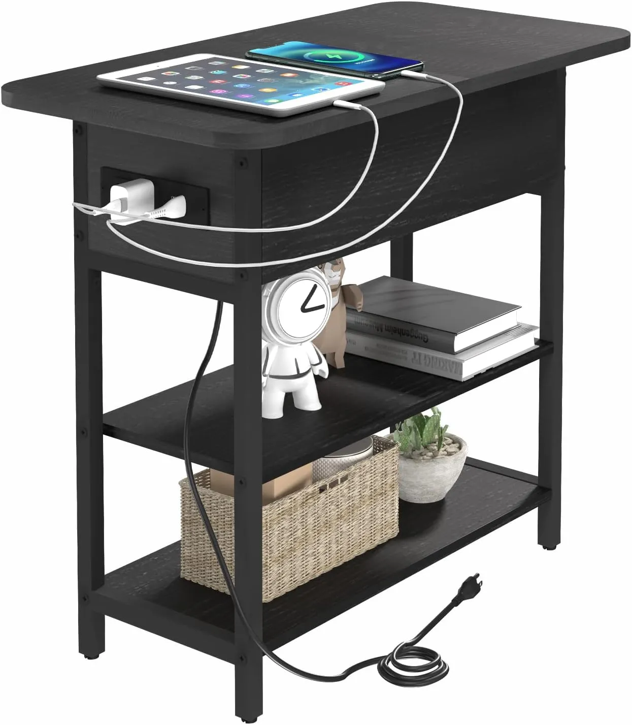 Yoobure End Table with Charging Station, Flip Top Side Table with USB Ports and Outlets, Sofa Couch Table Bedside Table for Living Room Bedroom, Narrow Nightstand with Storage Shelves for Small Space