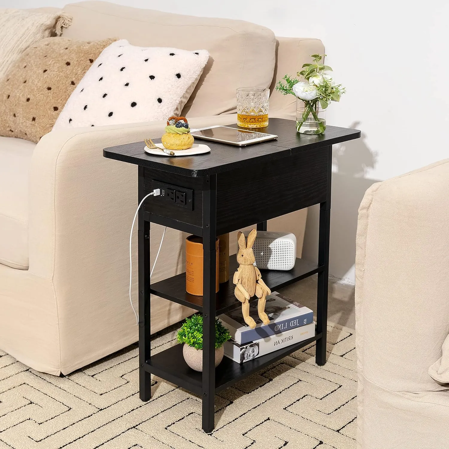 Yoobure End Table with Charging Station, Flip Top Side Table with USB Ports and Outlets, Sofa Couch Table Bedside Table for Living Room Bedroom, Narrow Nightstand with Storage Shelves for Small Space