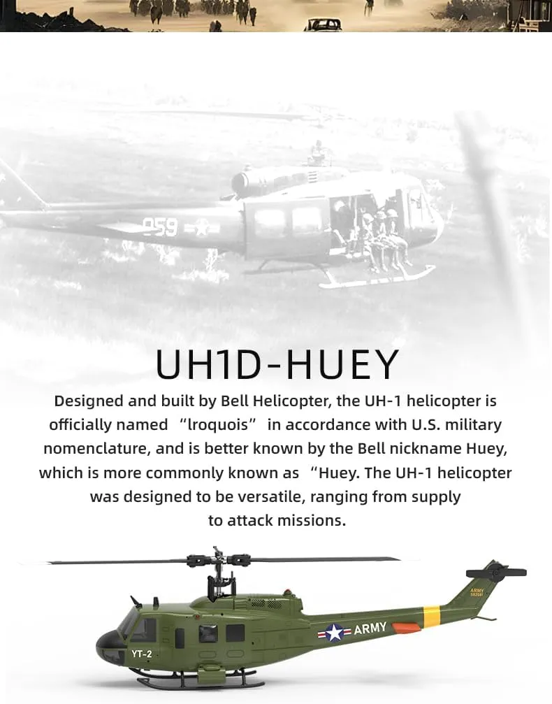 YUXIANG F07 UH-1D RC Helicopter for Adult, 1/34 Scale 2.4G 6CH Brushless Direct-Drive Remote Control Helicopter Model, 3D/6G Flybarless Aircraft Model with Optical Flow Positioning