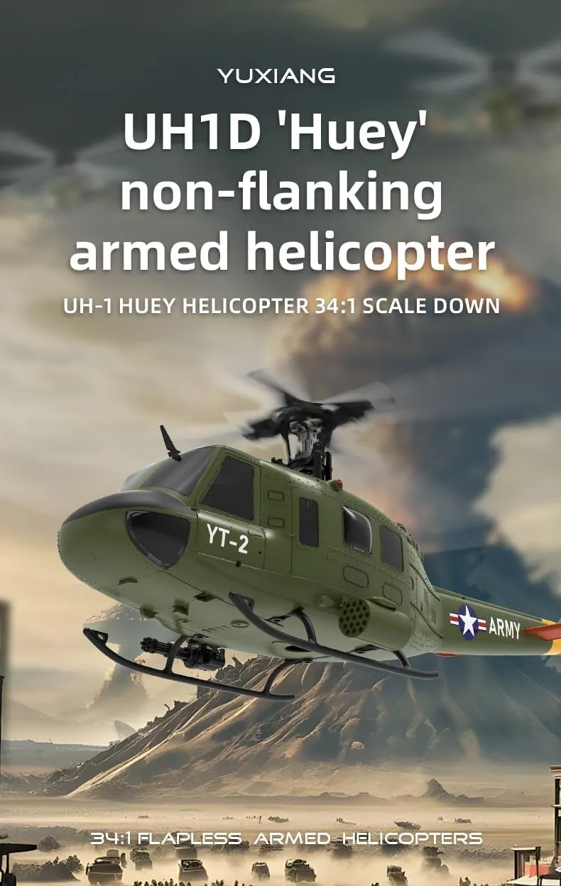 YUXIANG F07 UH-1D RC Helicopter for Adult, 1/34 Scale 2.4G 6CH Brushless Direct-Drive Remote Control Helicopter Model, 3D/6G Flybarless Aircraft Model with Optical Flow Positioning