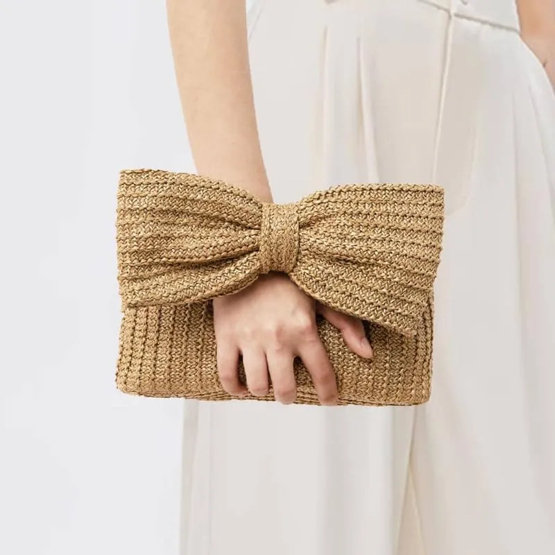 YYW Women Straw Clutch Purse Woven Bowknot Envelope Handbag Wedding Clutch Bag for Vocation Party
