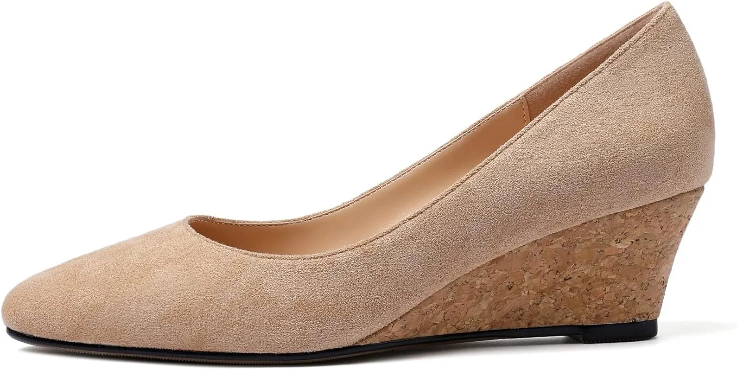 Zamikoo Women's Pointed Toe Pumps Shoes 2 Inch Wedge Low Heel Basic Slip On Leather Suede US Size 5- Size 13