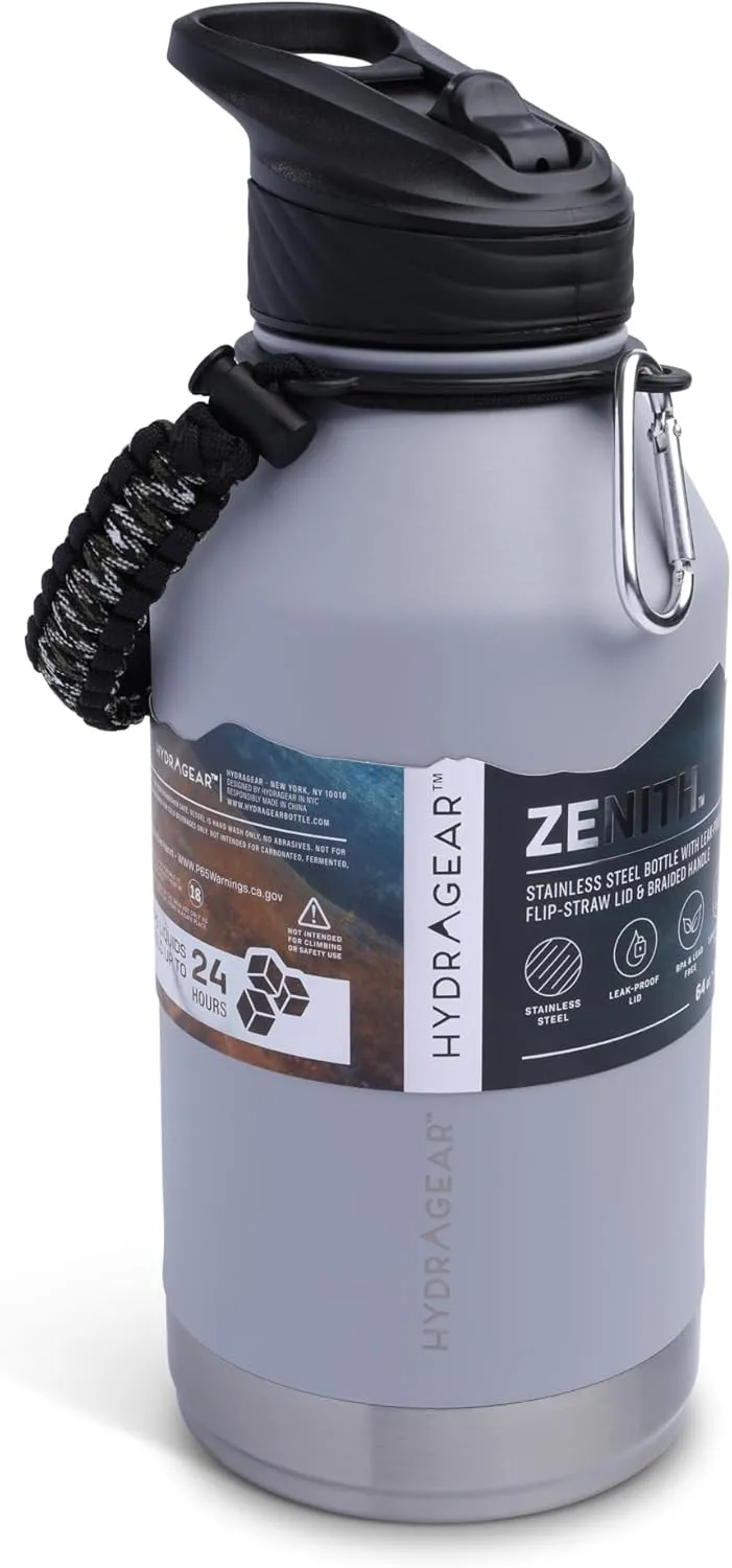 Zenith Straw Stainless Steel Bottle with Carabiner, Compass, Signal Whistle, and Fire Starter - 64 Oz - Pewter Powder Coat
