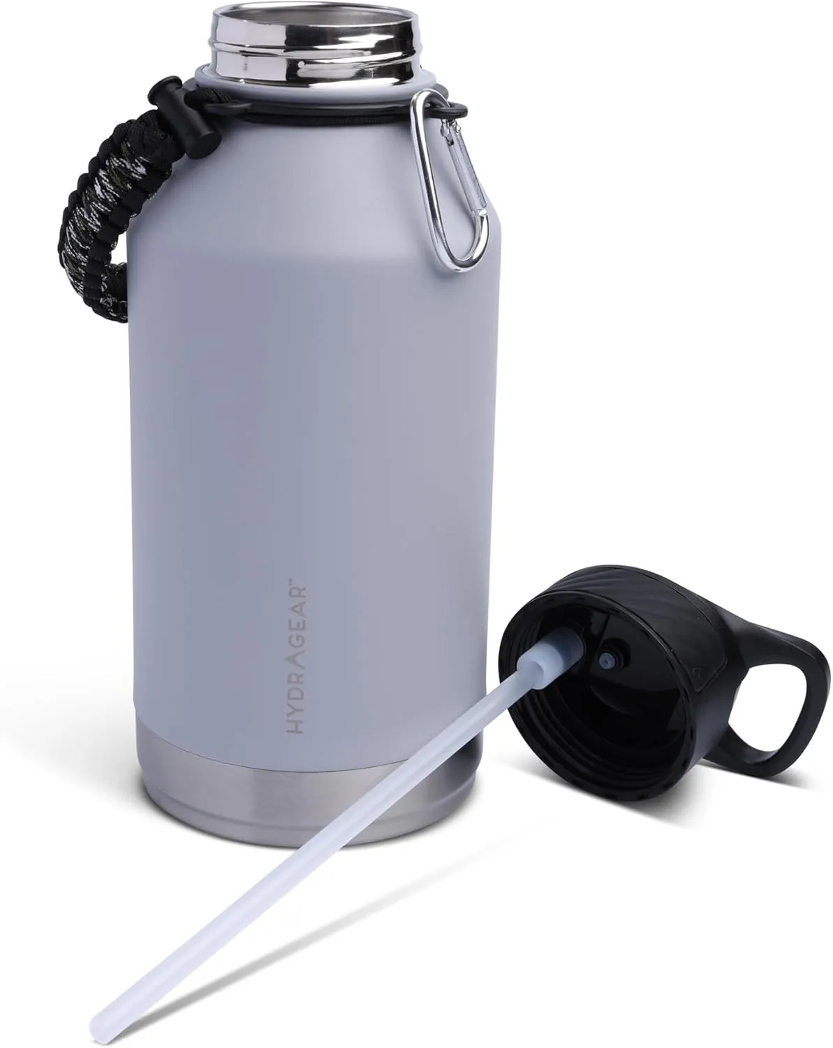 Zenith Straw Stainless Steel Bottle with Carabiner, Compass, Signal Whistle, and Fire Starter - 64 Oz - Pewter Powder Coat